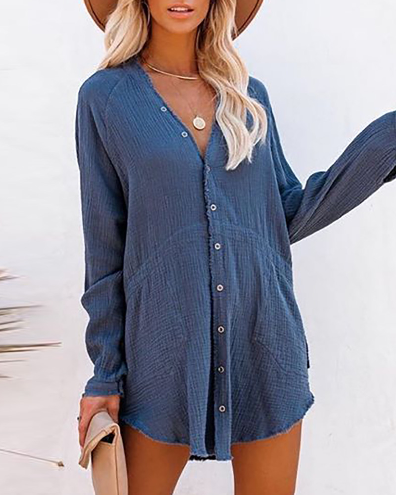 

Buttoned Solid Long Sleeve Shirt Dress, Dark blue