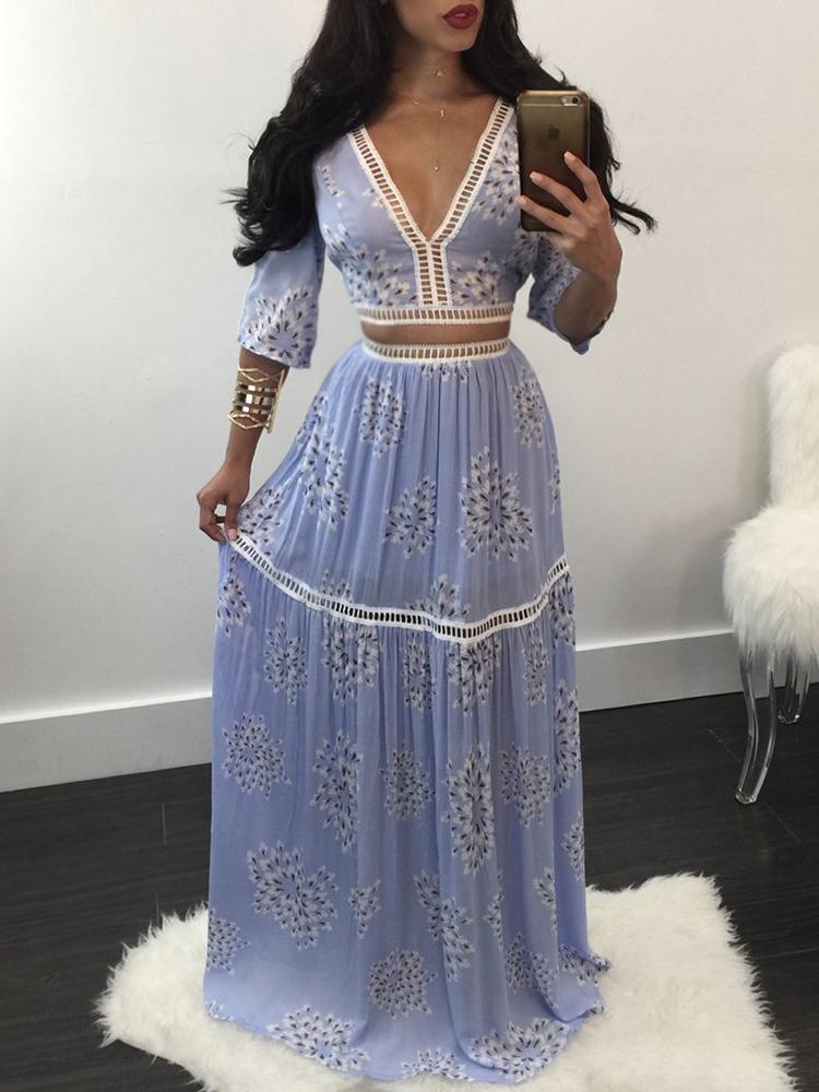 

Stylish Floral Printed Top+ High Waist Maxi Skirt