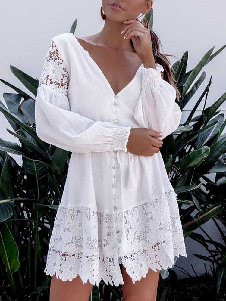 

Crochet Lace V Neck Buttoned Mini Dress, White