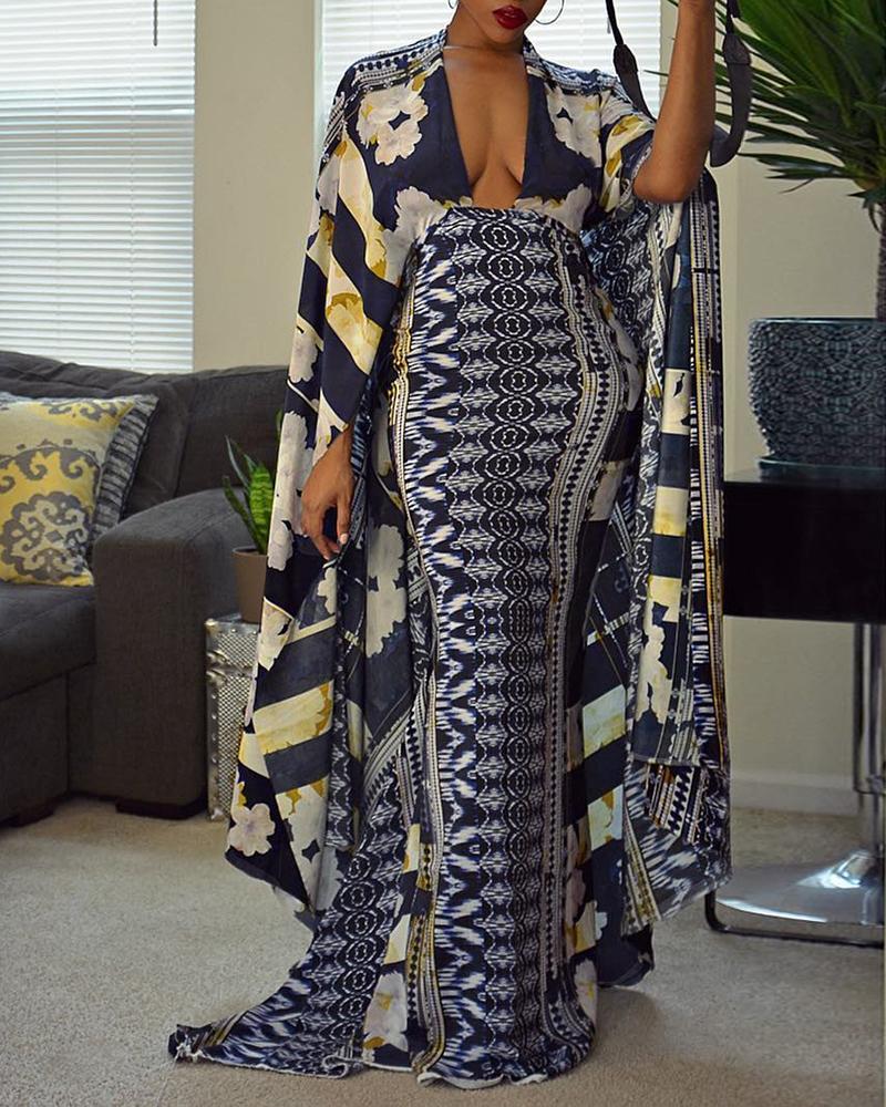 

Abstract Print Poncho Design Maxi Dress, Purplish blue