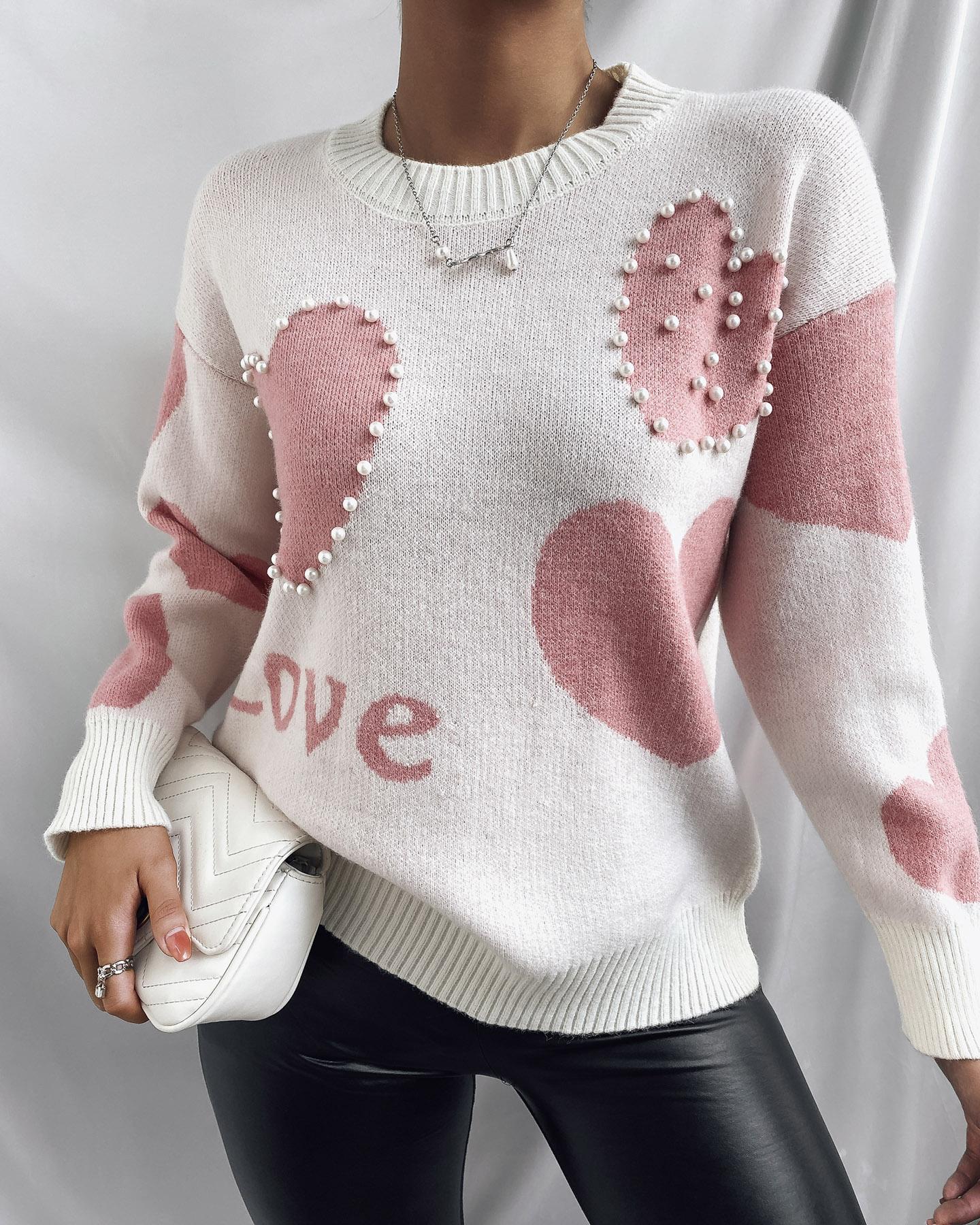 

Beaded Heart Pattern Colorblock Long Sleeve Sweater, Pink