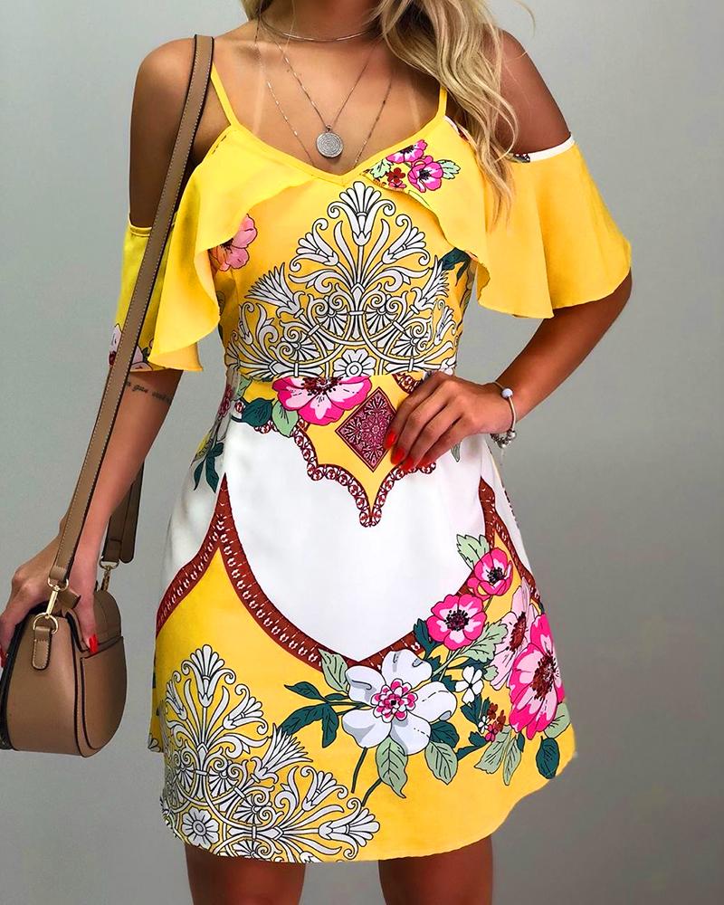 

Floral Print Cold Shoulder Casual Dress, Yellow