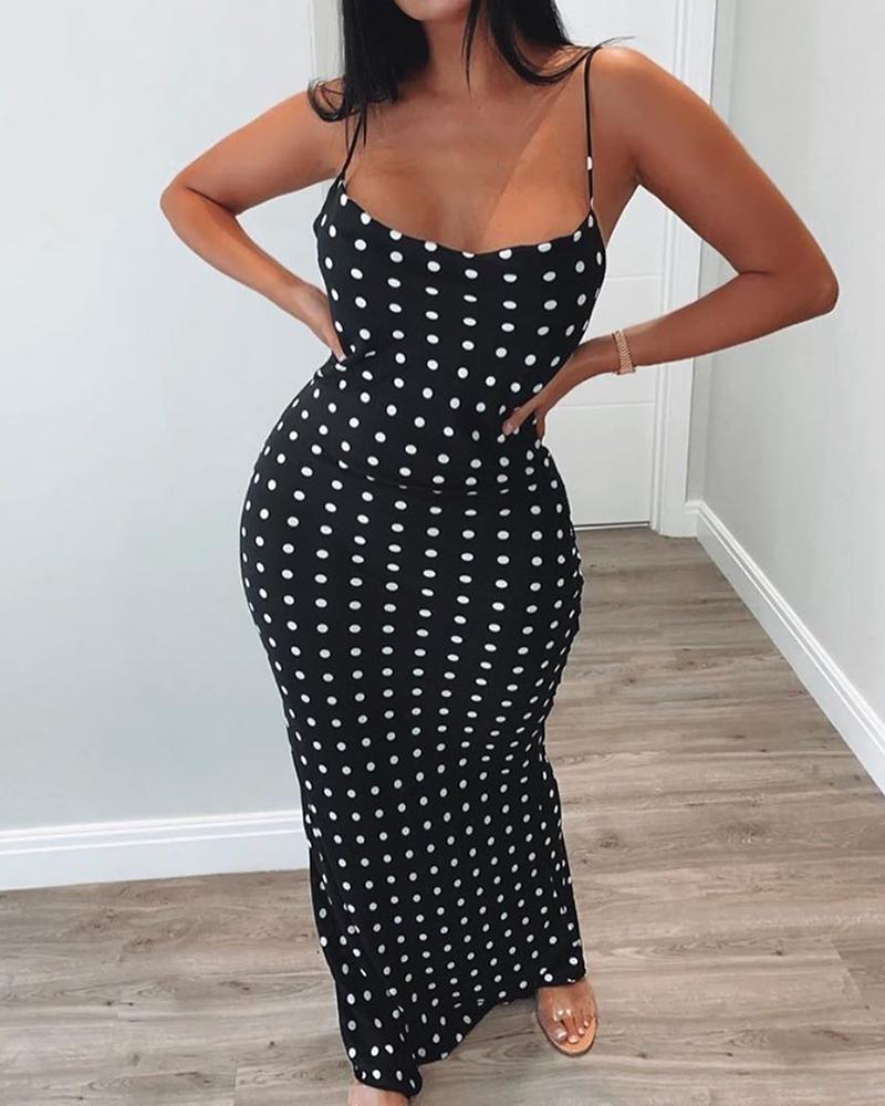 

Dot Spaghetti Strap Crisscross Backless Dress, Black
