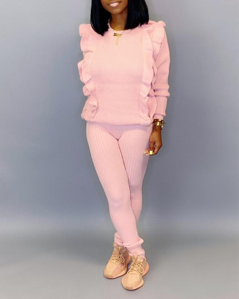 

Solid Frill Ribbed Long Sleeve Top & Pants Sets, Pink