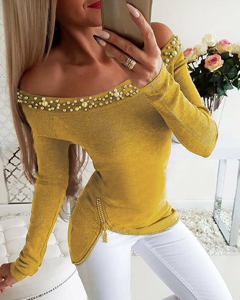 

Off Shoulder Beaded & Zipper Design Top, Yellow