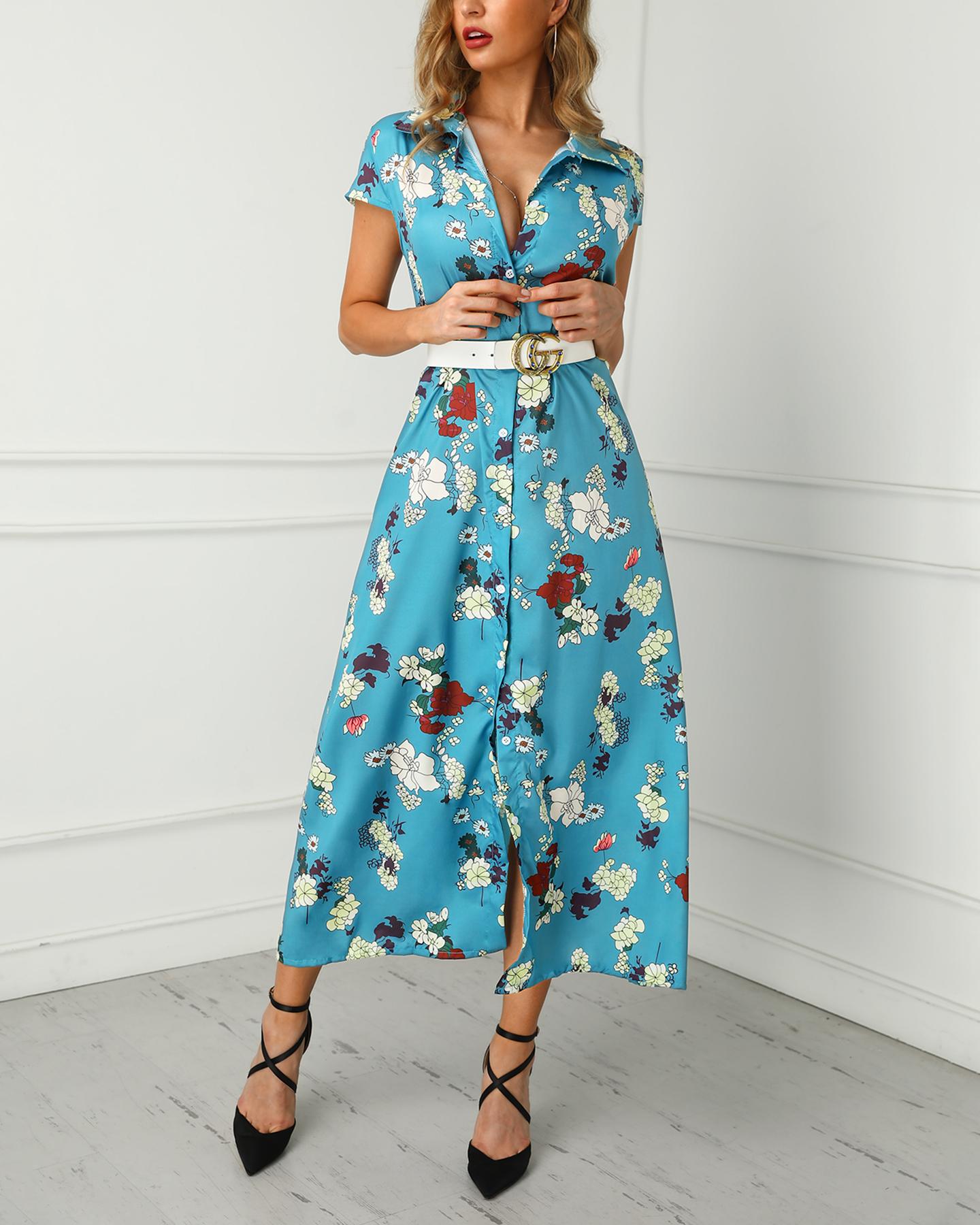 

Short Sleeve Floral Print Shirt Maxi Dress, Blue