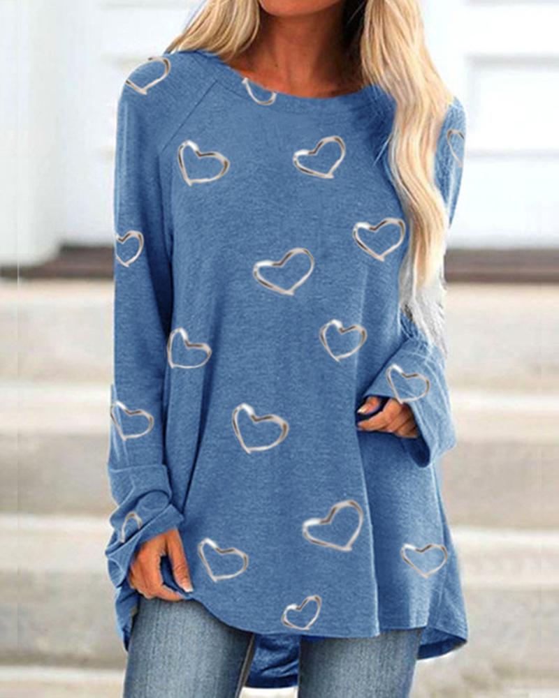 

Heart Print Long Sleeve Blouse, Blue