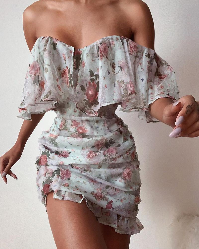 

Random Floral Off Shoulder Ruffles Ruched Dress, Light blue