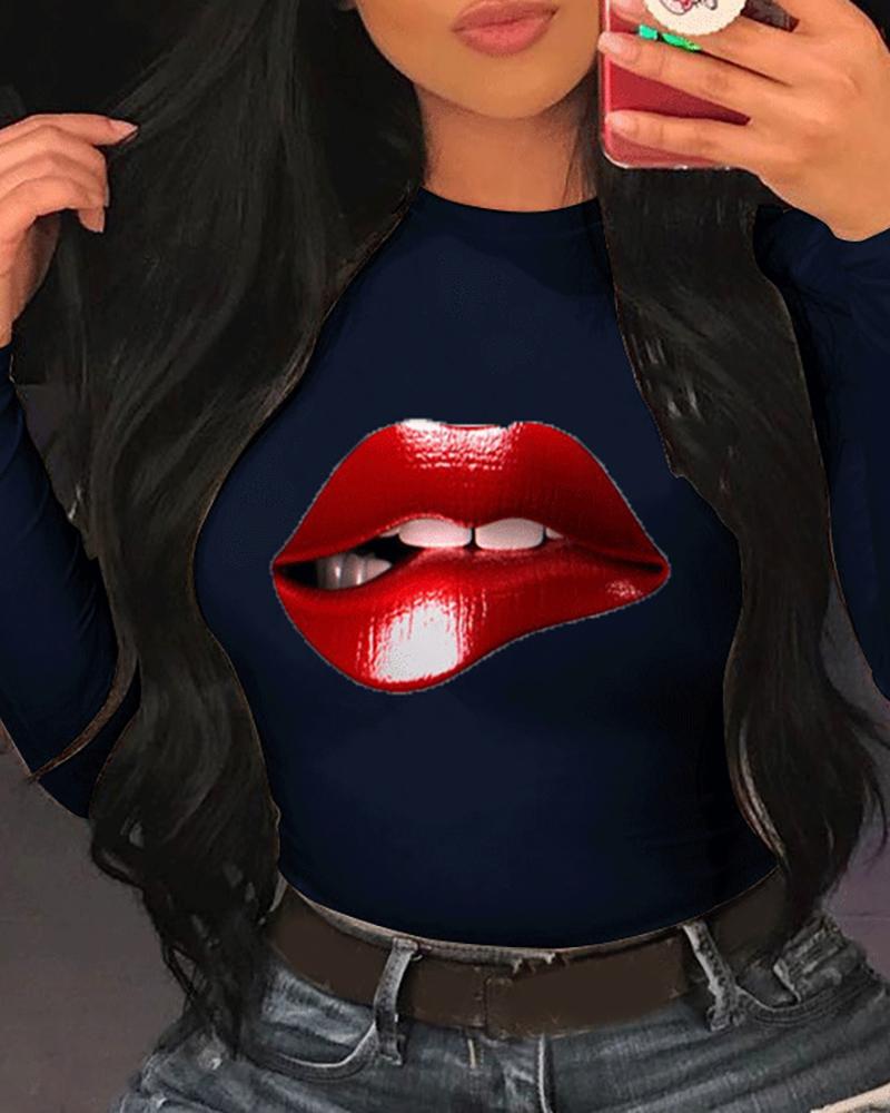 

Lip Print Long Sleeve Casual T-shirt, Dark blue