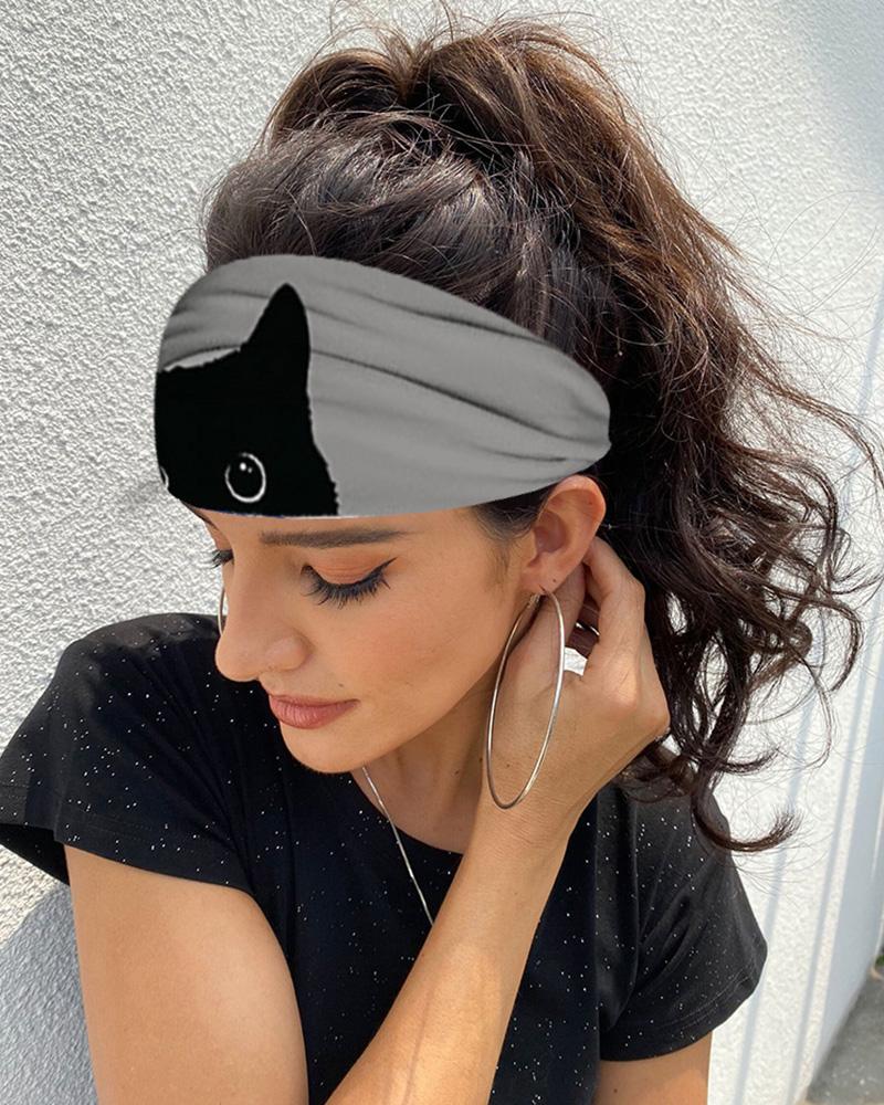 

Cat Print Yoga Running Headwraps Hair Band, Gray