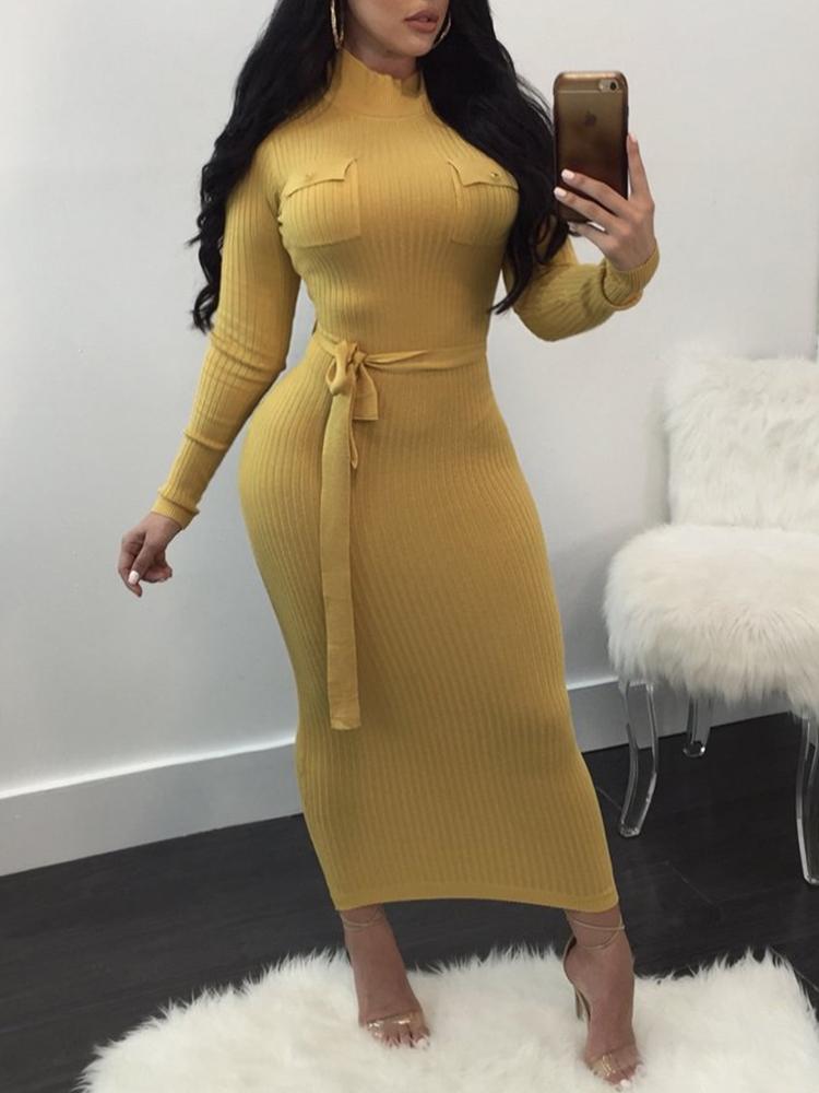 

Solid Pocket Design Belted Bodycon Maxi Dress, Gray;yellow