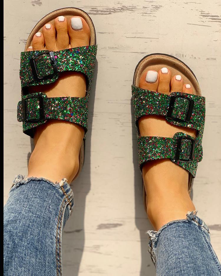 

Colorful Sequin Double Buckle Flat Sandals, Green