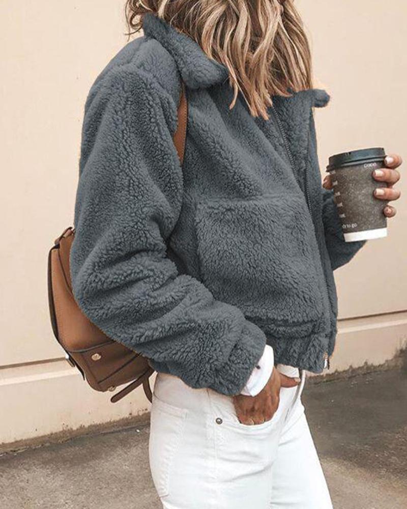 

Solid Turn-down Collar Pocket Fluffy Coat, Gray