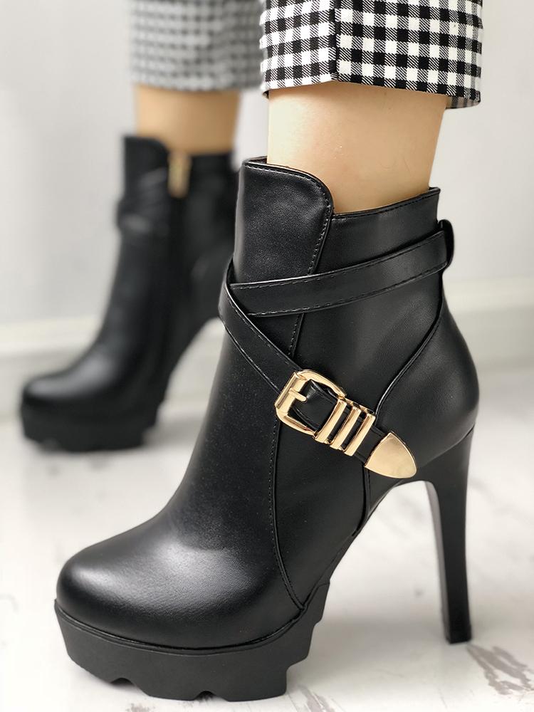 

Crisscross Buckle Platform Thin Heeled Ankle Boots, Black