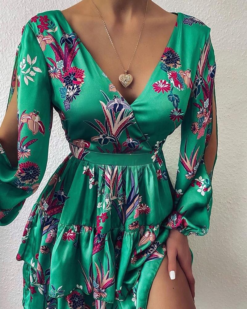

V-neck Slit Sleeve Floral Print Dress, Green