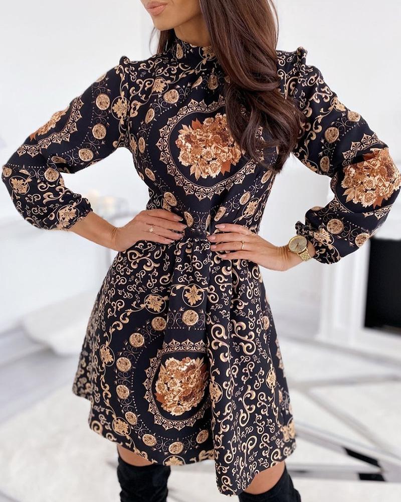 

Mock Neck Puff Sleeve Retro Print Ruched Dress