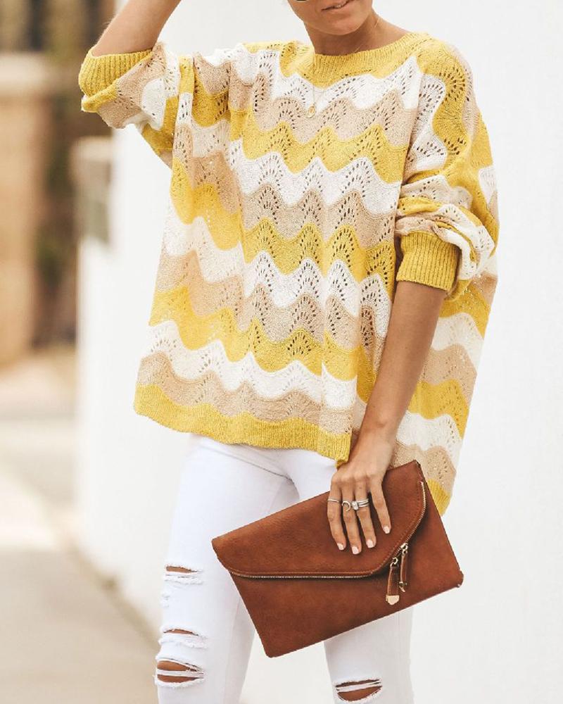 

Colorblock Cut-out Long Sleeve Loose Sweaters, Yellow