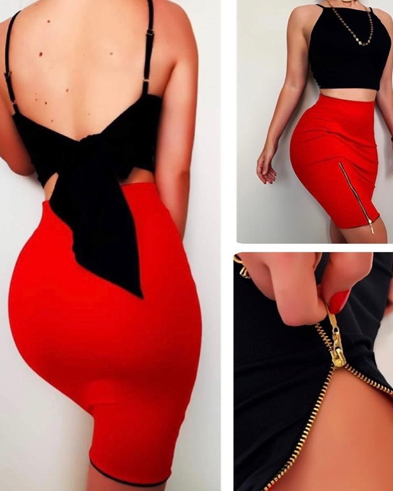 

High Waist Zipper Side Skirt, Red