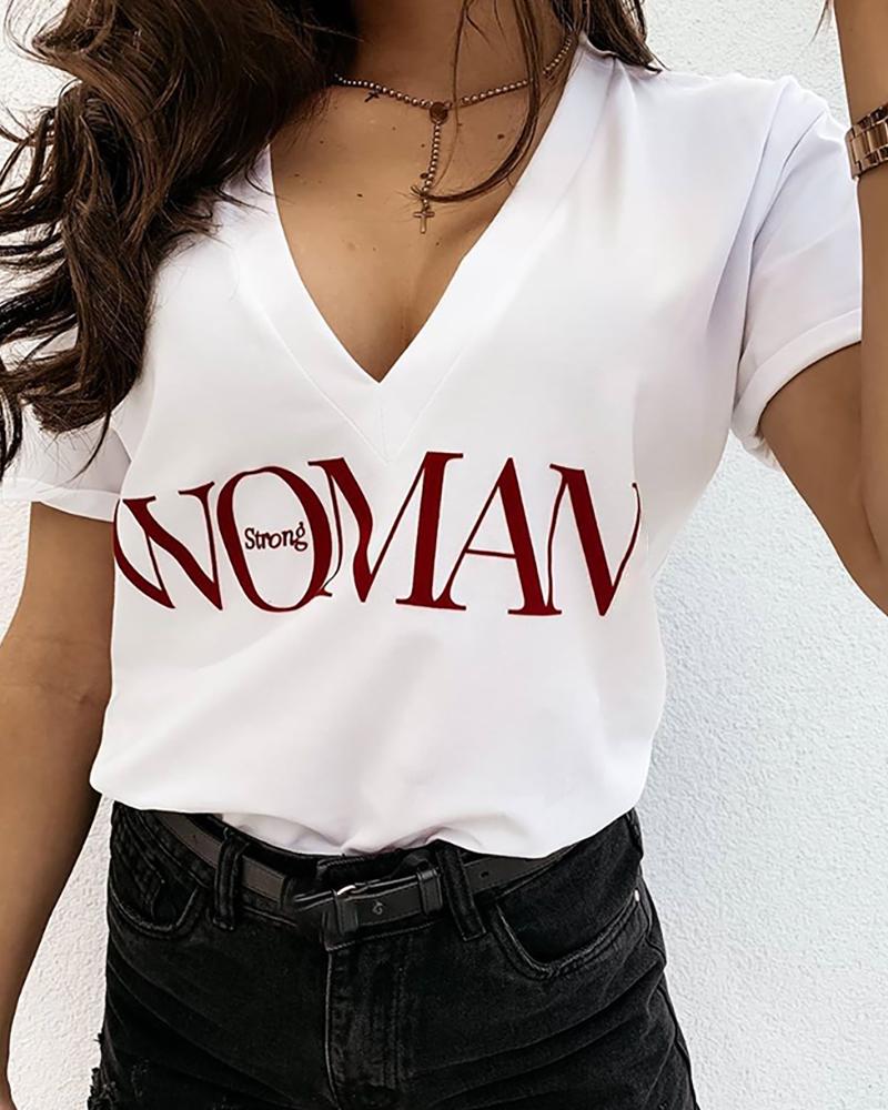 

V-neck Short Sleeve Letter Print T-shirt, White