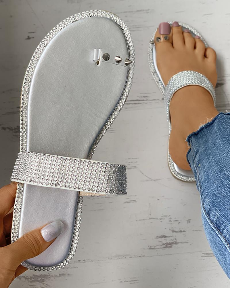 

Toe Ring Rivet Rhinestone Colorblock Flat Sandals, Silver