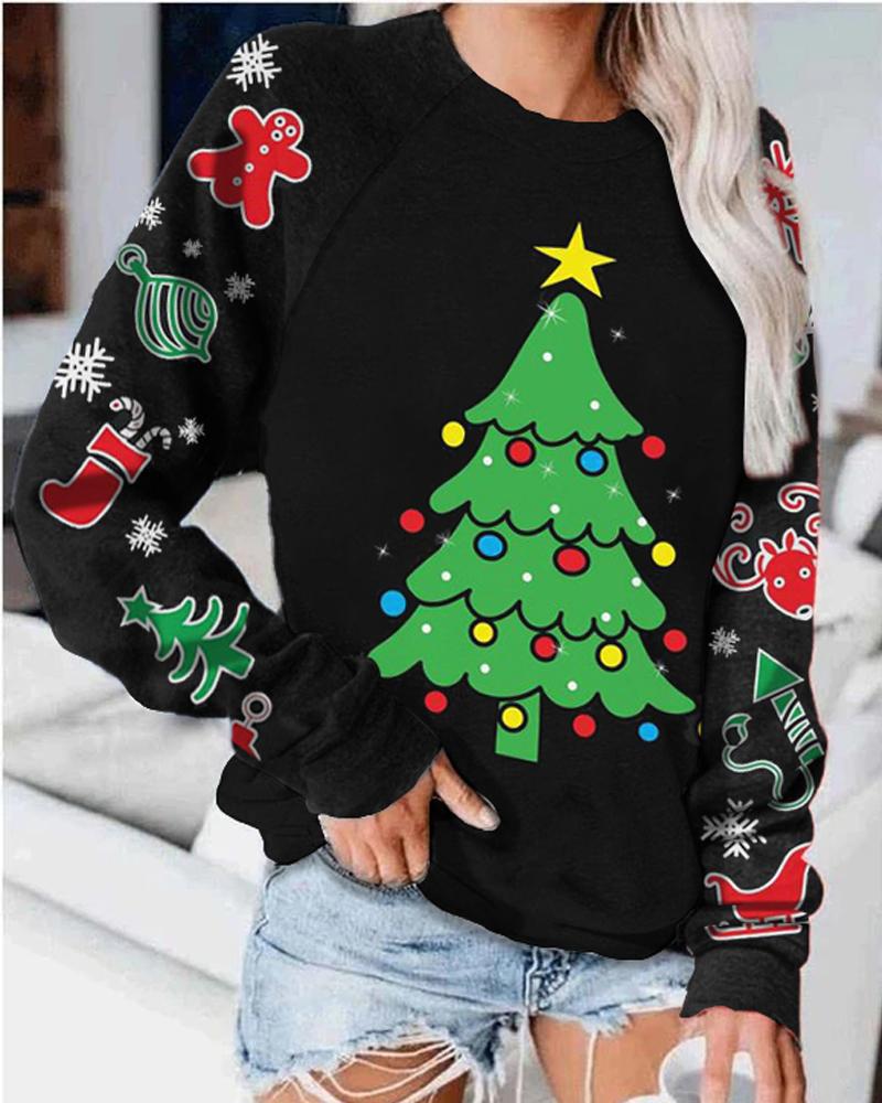 

Christmas Tree Print Long Sleeve Top, Black