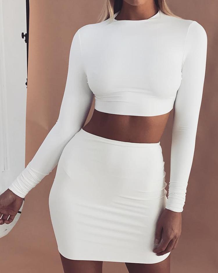 

Long Sleeve Belly Top & Skirt Sexy Dress Set-White