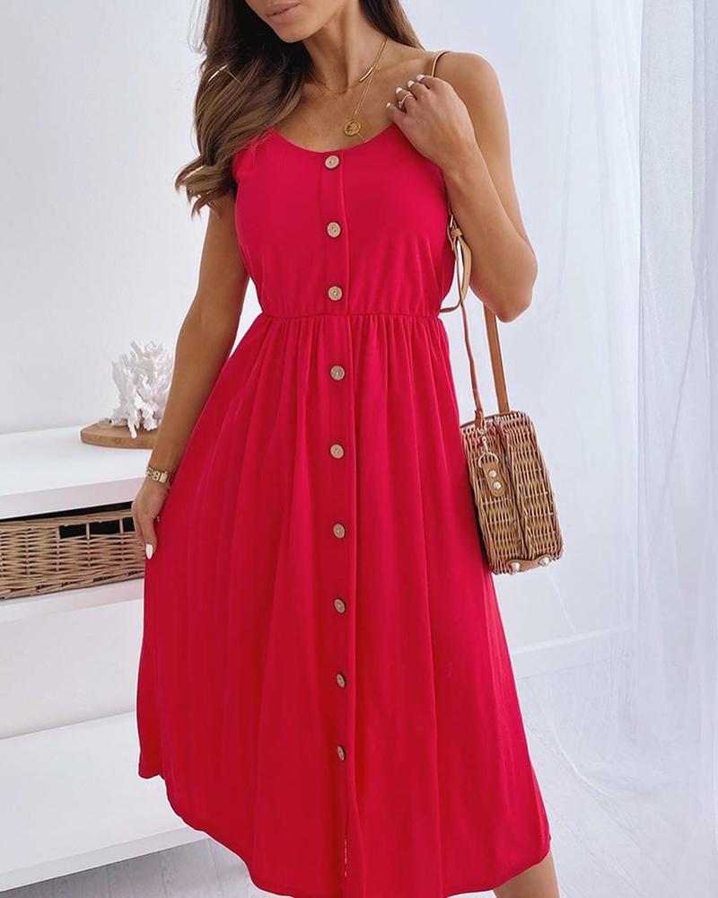 

Solid Spaghetti Strap Button Through Dress, Red