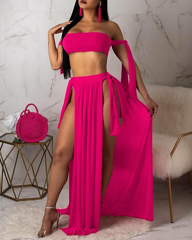 

Tie Detail Bikini With Slit Skirt Set, Hot pink
