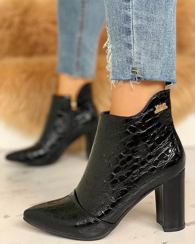 

Pointed Toe Snakeskin Chunky Heeled Boots, Black