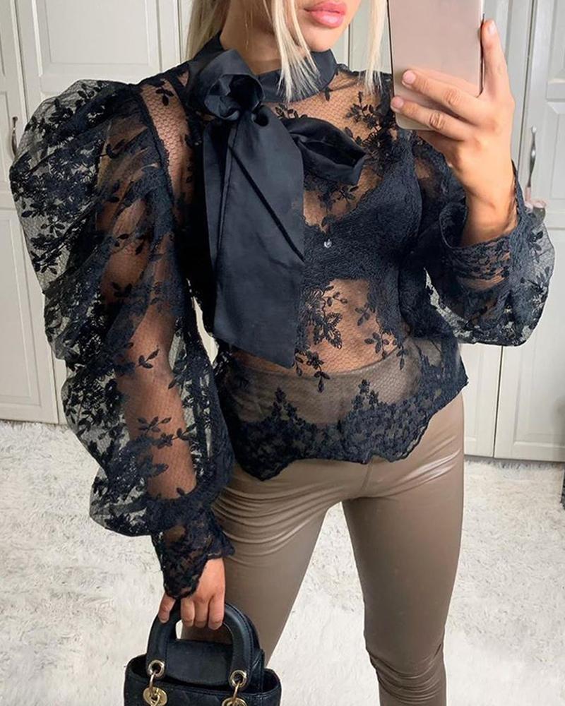 

Lace Patchwork Tied Neck Puffed Sleeve Blouse, Black