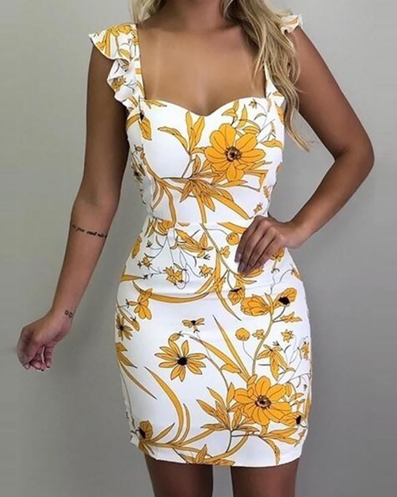 

Floral Print Thick Strap Bodycon Mini Dress, White