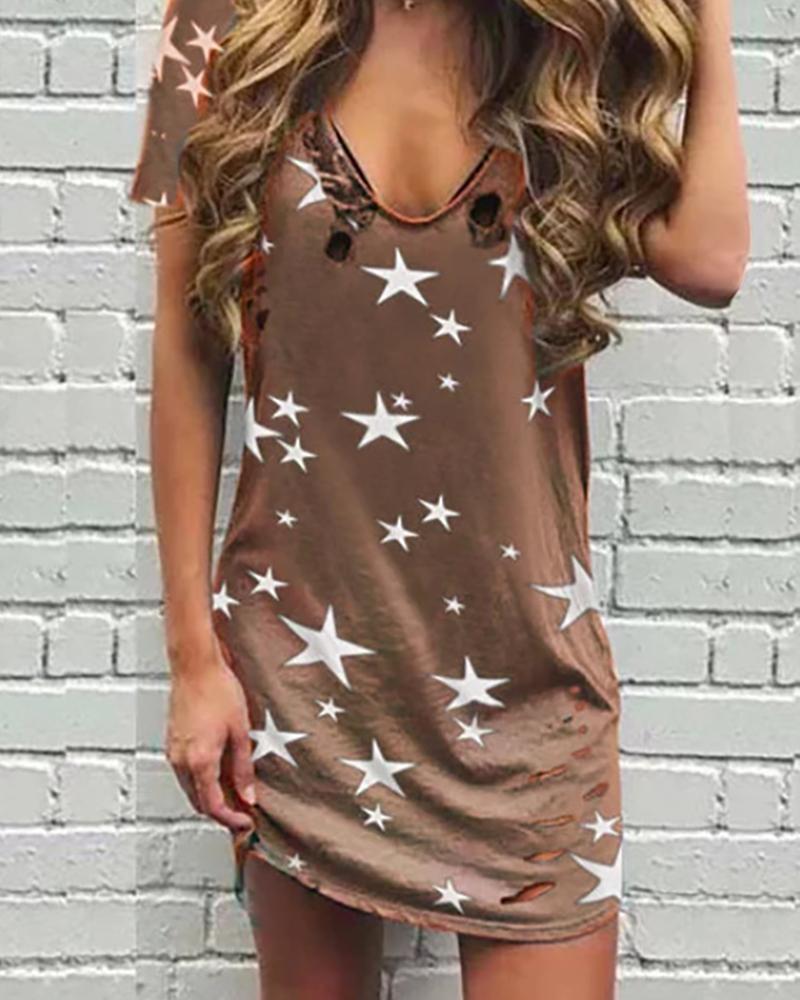 

V-neck Star Print Cut Out T-shirt, Brown