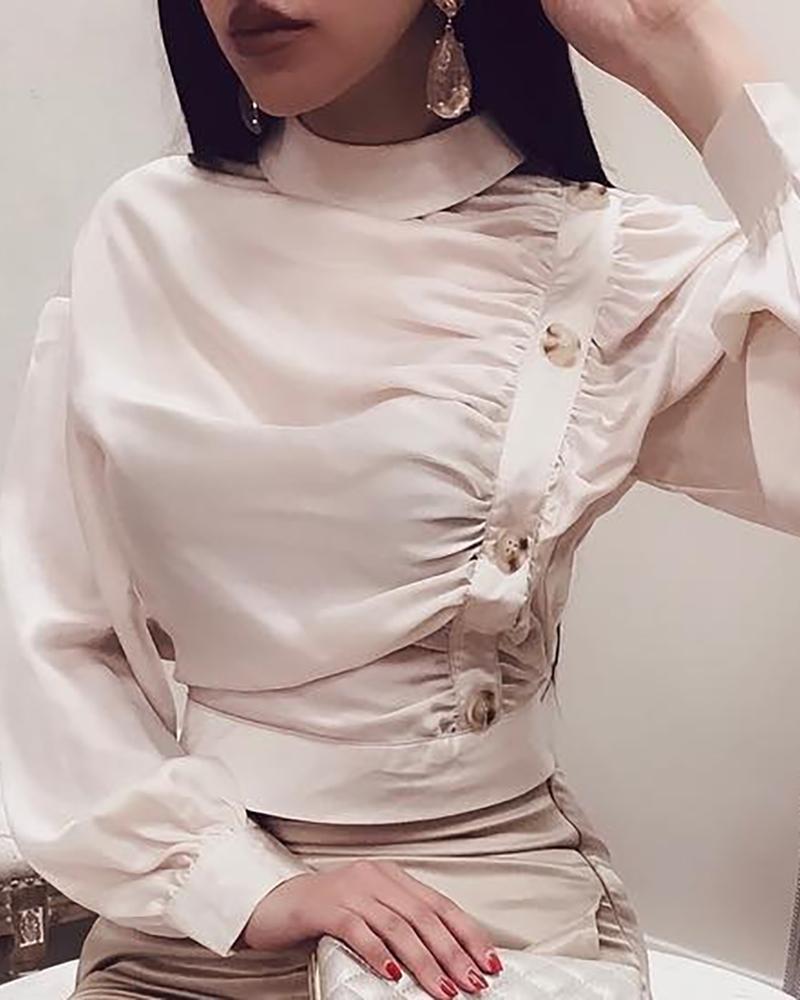 

Long Sleeve Button Ruched Casual Blouse, Beige