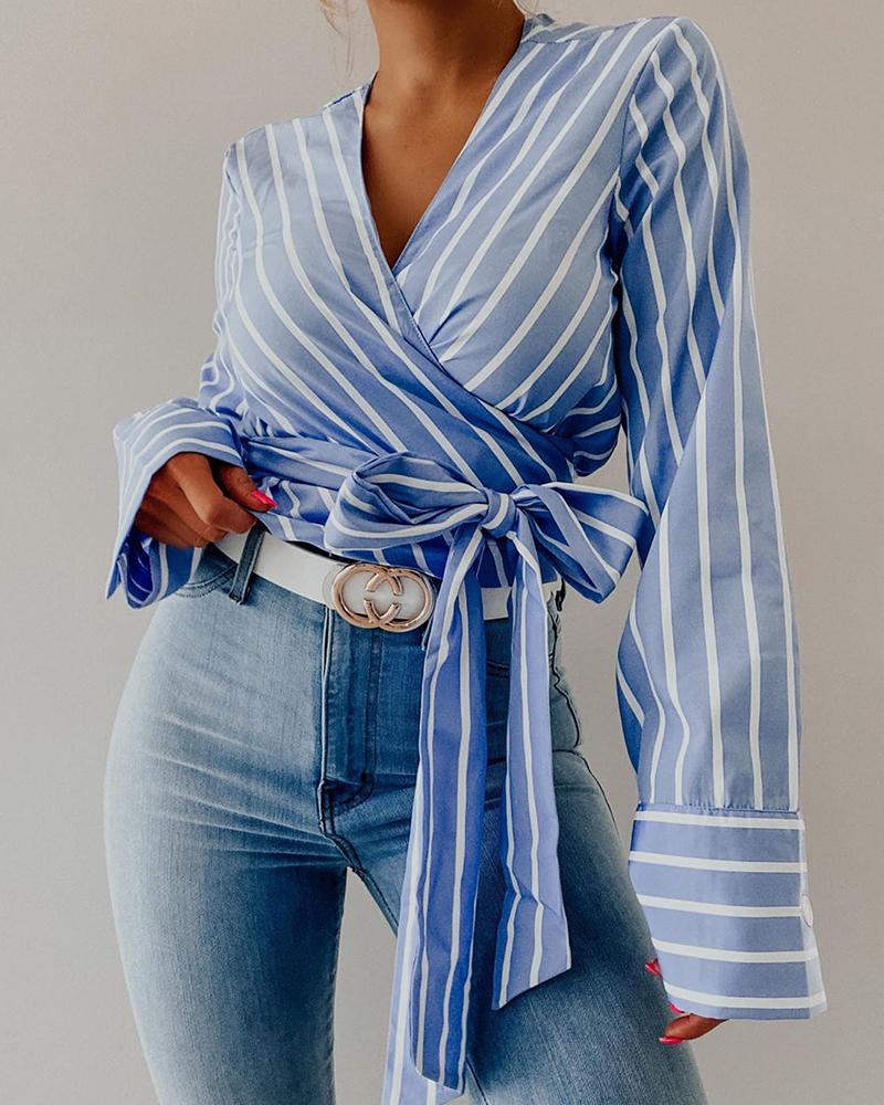 

Striped V Neck Surplice Top, Blue