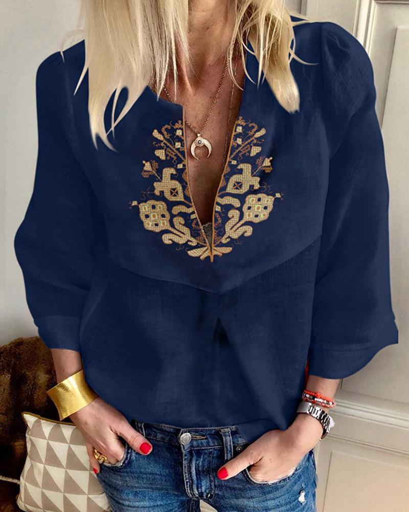 

V-neck Embroidery Casual Blouse, Dark blue
