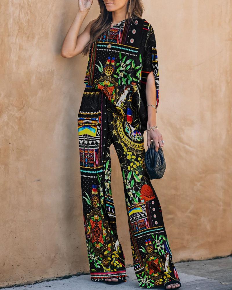 

Floral Print One Shoulder Flare Leg Jumpsuit, Black