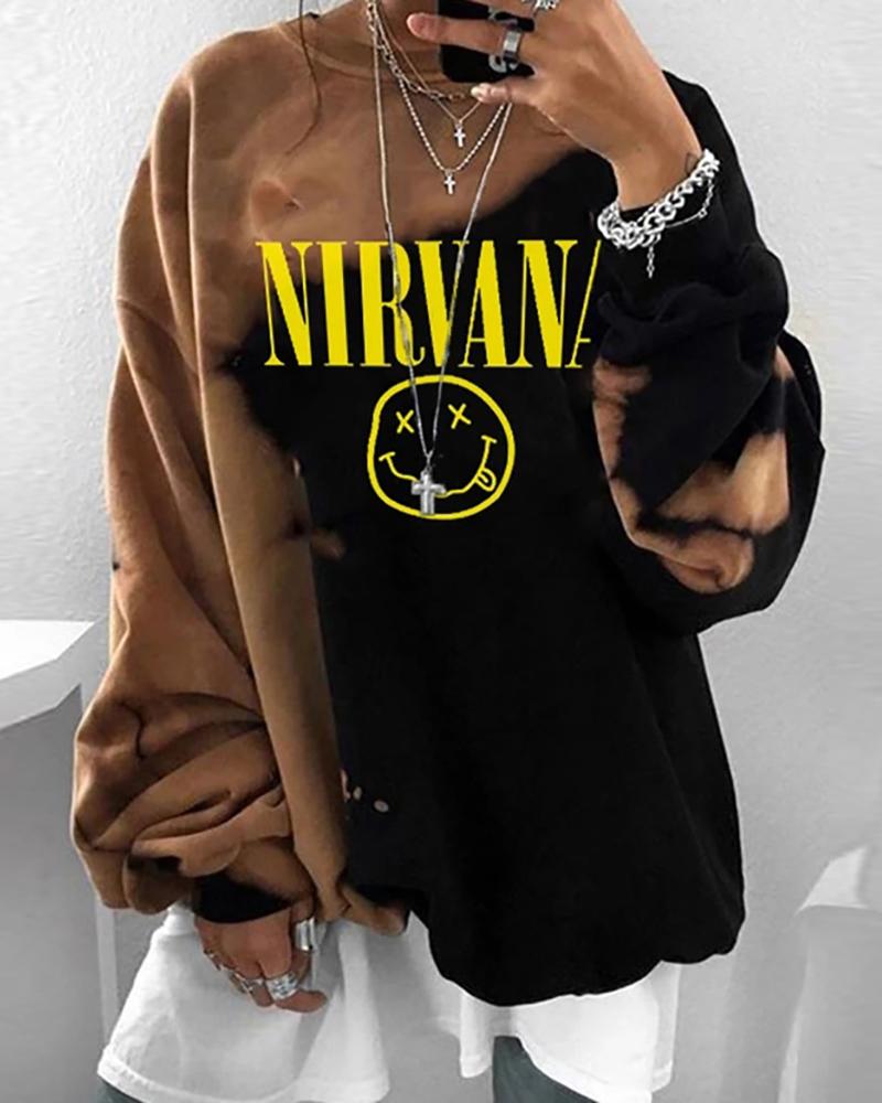 

Letter Print Colorblock Long Sleeve Sweatshirt, Brown