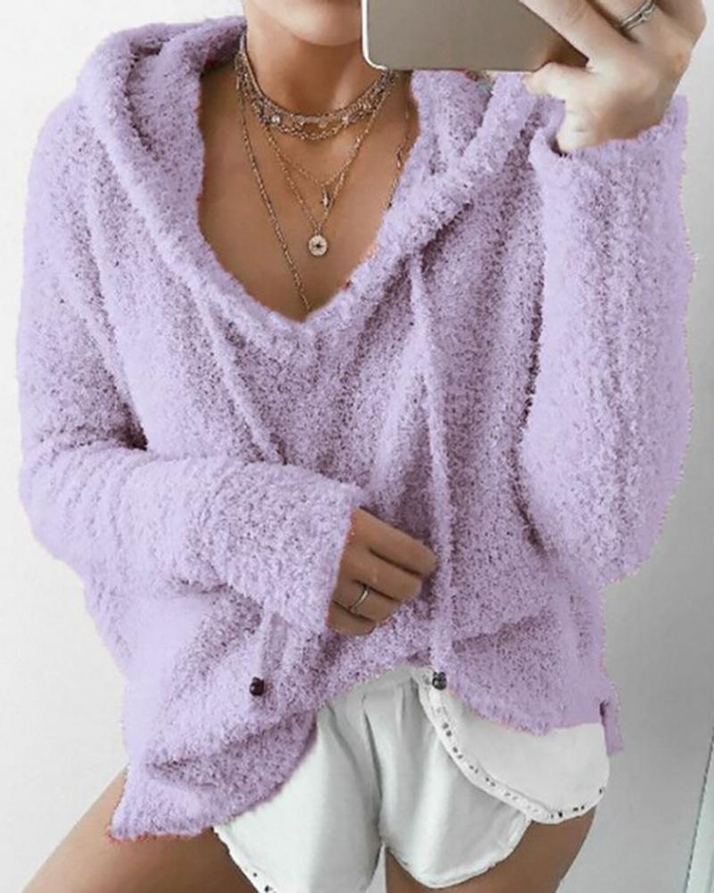 

Solid Drawstring Teddy Hooded Sweatshirt, Purple