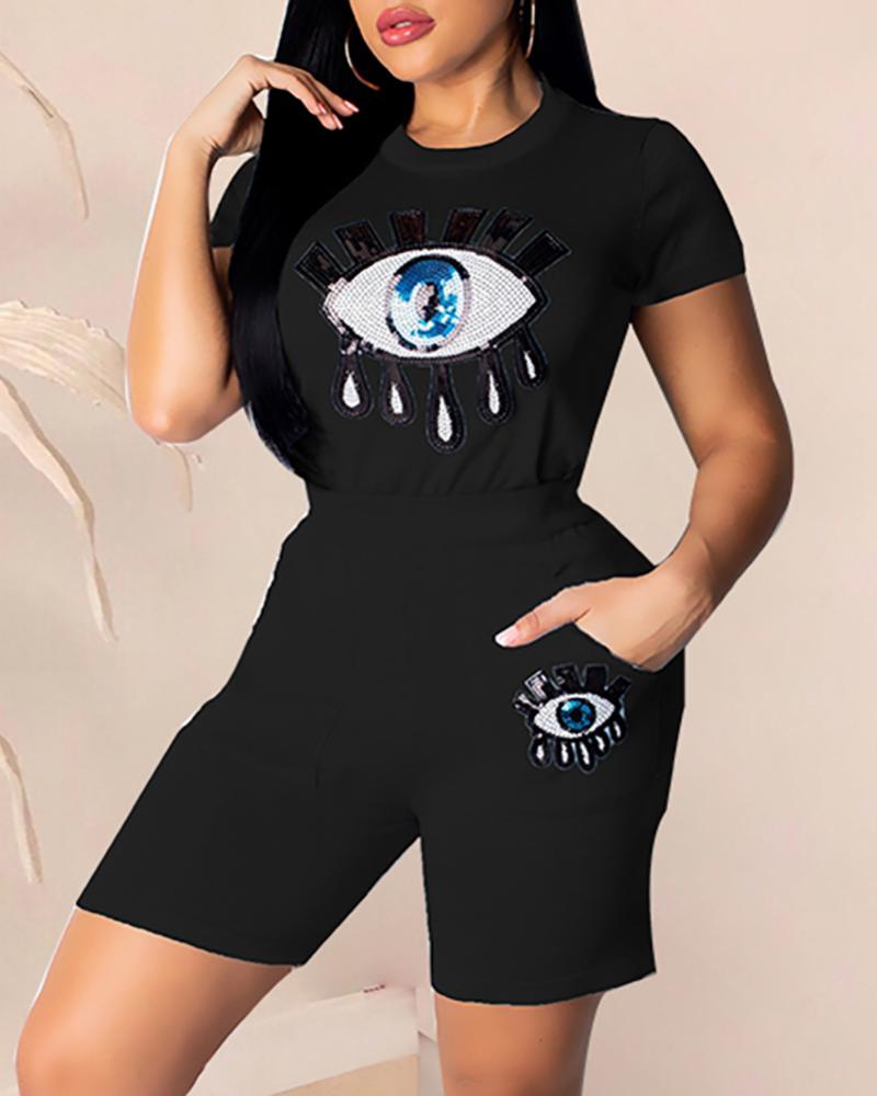 

Eye Sequin Short Sleeve Top and Shorts Set, Black