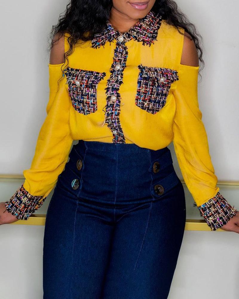 

Tweed Cold Shoulder Buttoned Top, Yellow