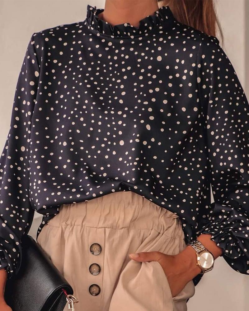 

Dot Chiffon Long Sleeve Ruffles Loose Blouse, Black