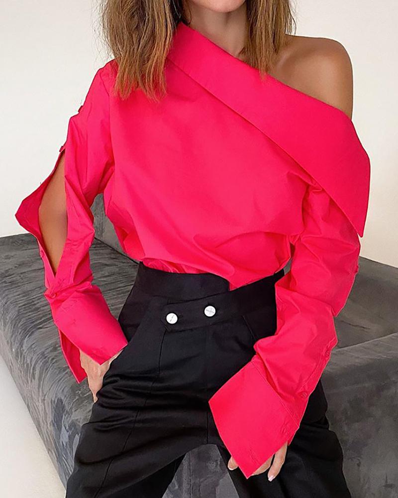 

Solid One Shoulder Slit Sleeve Blouse, Hot pink