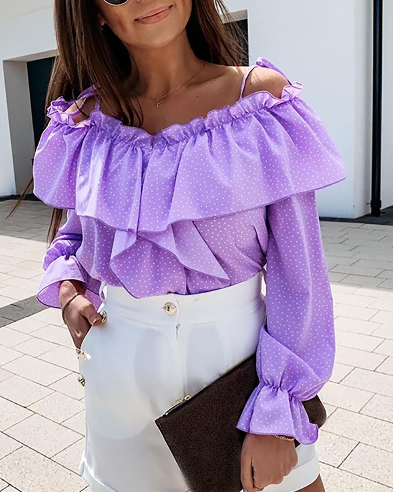 

Dot Print Cold Shoulder Ruffles Blouse, Purple