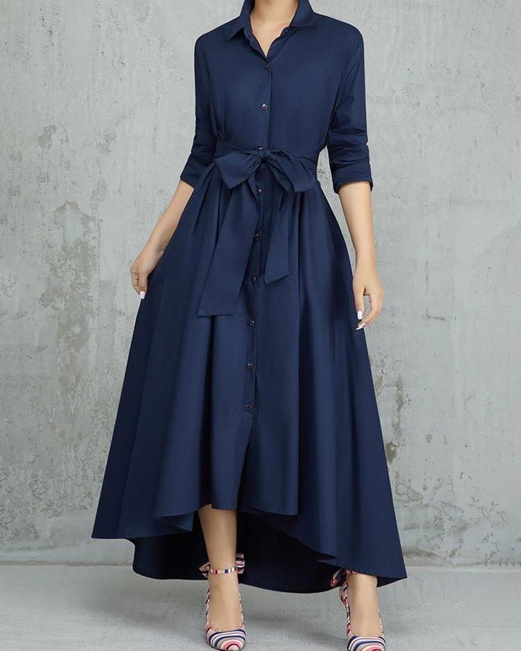 

Knotted Front Ruched Casual Shirt Dress, Purplish blue