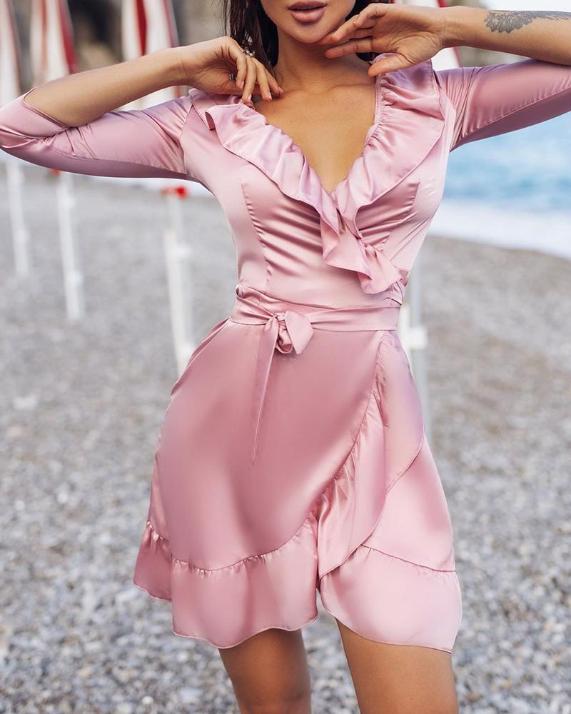 

Solid Ruffles Design Tied Waist Dress, Pink