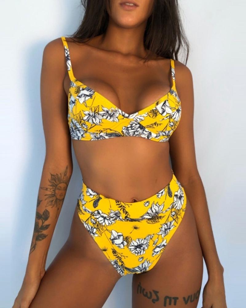 

Beach Colorblock Print Quick-dry Bikini, Yellow