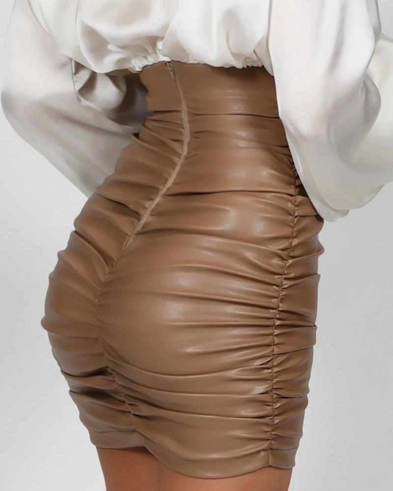

Faux Leather Ruched Tight Waist Skirt, Dark brown