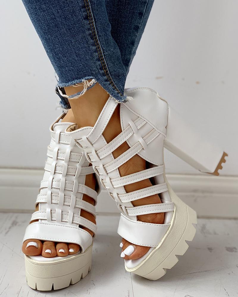 

Hollow Out Platform Chunky Heeled Sandals, Beige