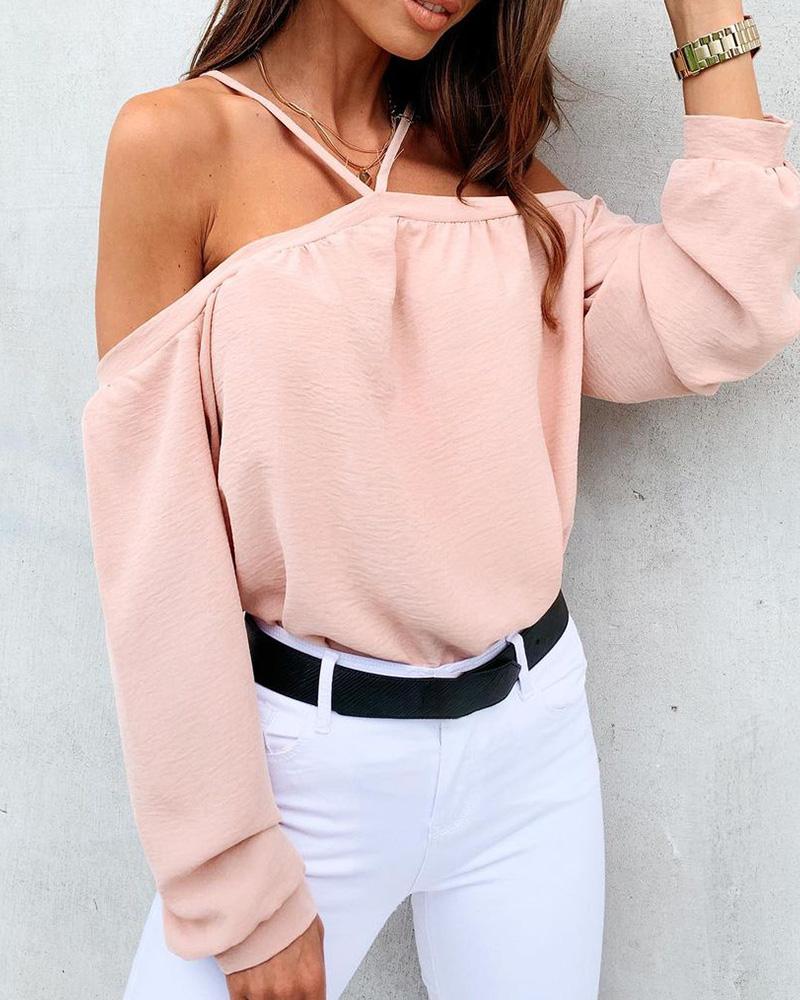 

Plain Cold Shoulder Long Sleeve Top, Pink