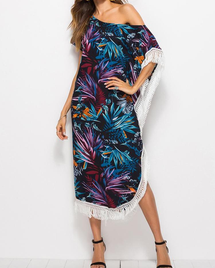 

Tassel Detail Skew Neck Slit Printed Kaftan Dress, Black